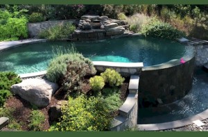 A custom pond and waterfall designed by F.A. Hobson Landscaping.